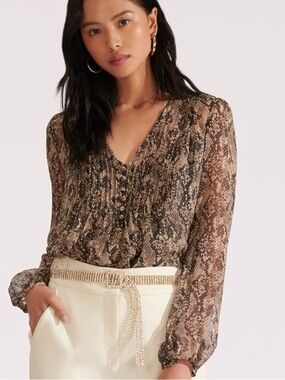 Veronica Beard Lowell Snake Print Silk Blouse Pintuck Front Size 2 Semi Sheer